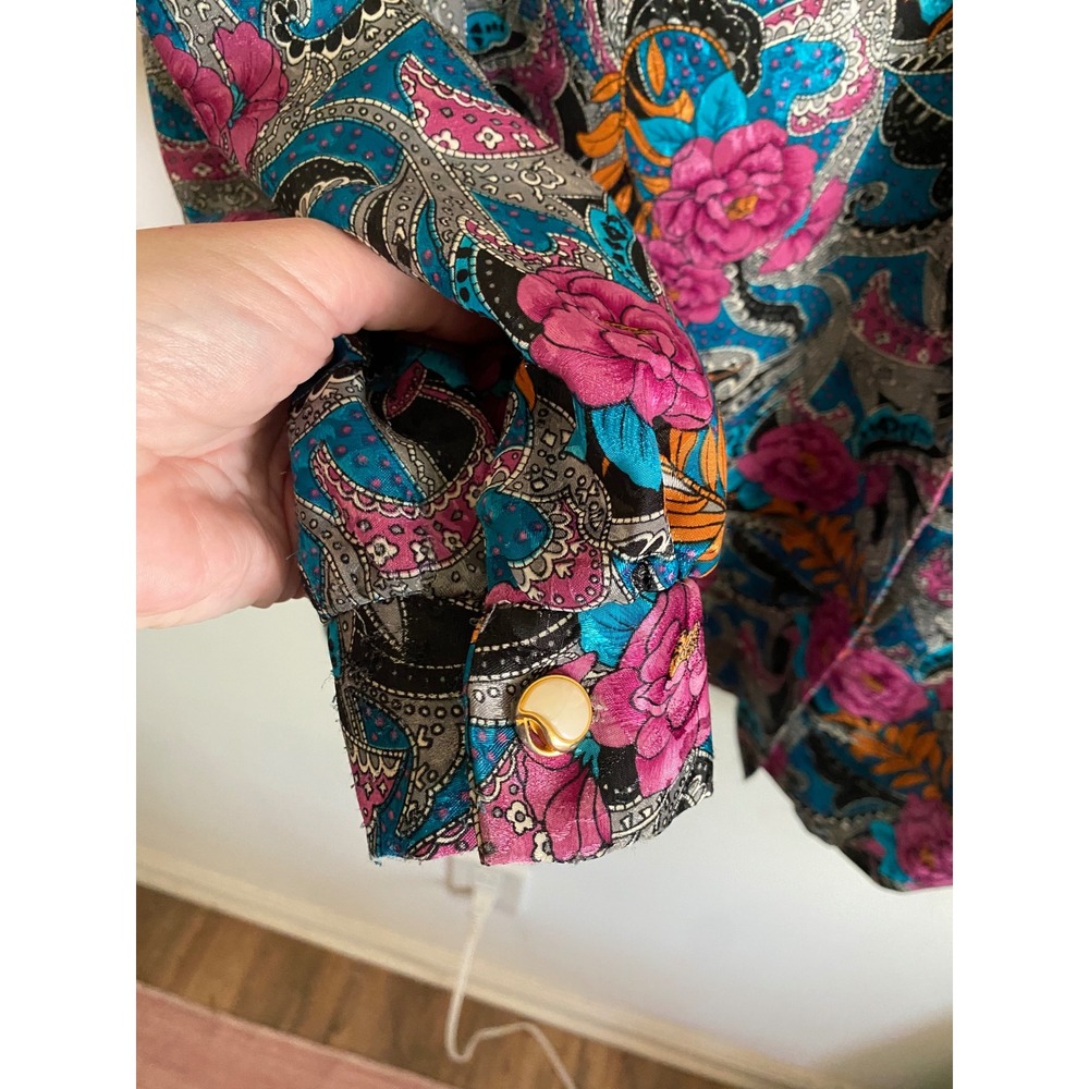 Cricket Lane Vintage‎ Paisley Floral Satin Blouse Pink Blue Long Sleeve Large - Picture 5 of 7